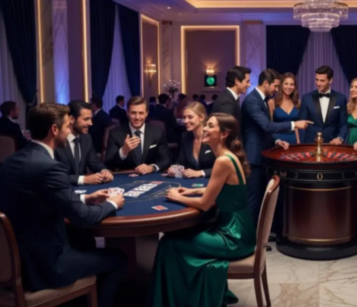 Ilustracja prezentująca trzy wyróżnione formaty wieczorów: poker, ruletkę i blackjack