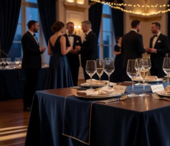 Klimatyczny, wieczorny kadr stołów eventowych w eleganckiej oprawie