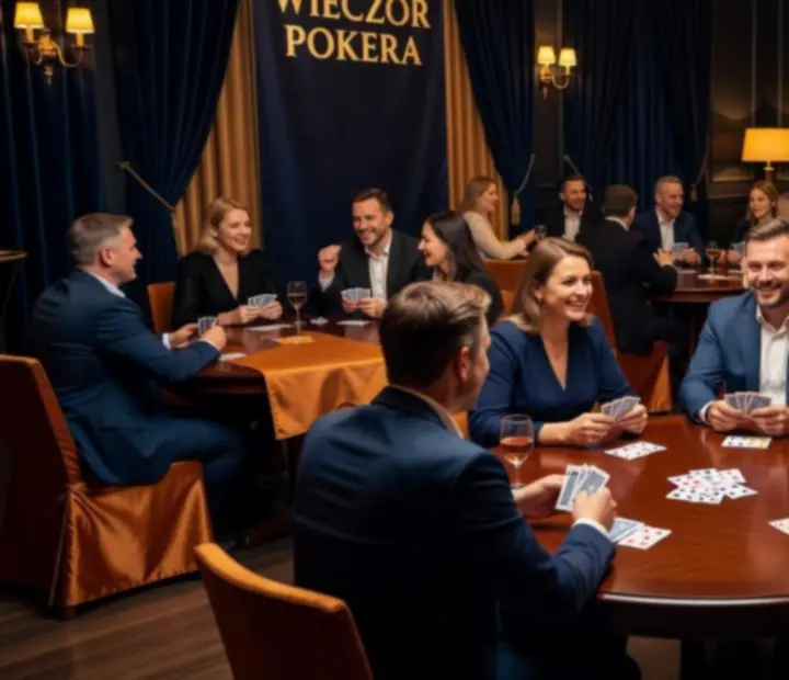 Goście podczas wieczoru pokerowego w eleganckiej aranżacji stołu i oświetlenia
