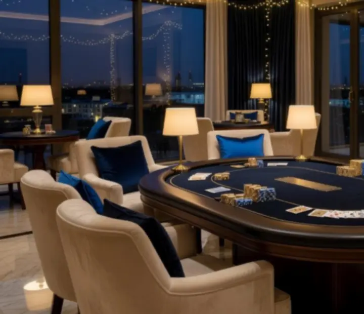 Stylowo oświetlony st&oacute;ł pokerowy przygotowany na wiecz&oacute;r integracyjny