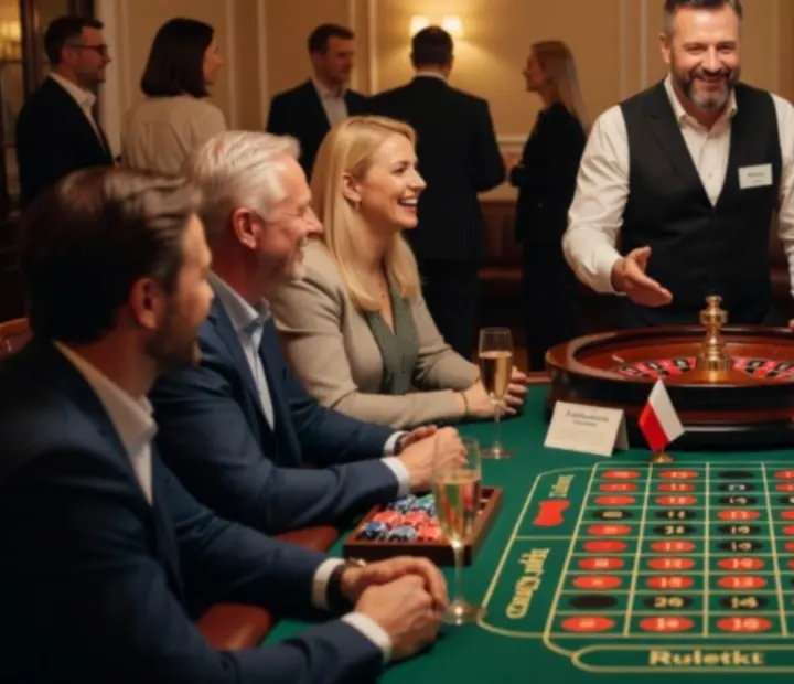 Uczestnicy wieczoru ruletkowego przy stole podczas eleganckiego wydarzenia offline